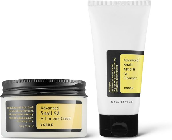 COSRX Glass Skin Ritual- Snail 92 Cream & Snail Gel Cleanser, Daily Face Gel Moisturizer and Cleanser for dry & Senstive Skin