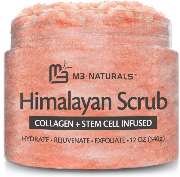 Himalayan Salt Scrub Face Foot & Body Exfoliator Infused with Collagen and Stem Cell Natural Exfoliating Salt Body Scrub for Toning Cellulite Skin Care by M3 Naturals