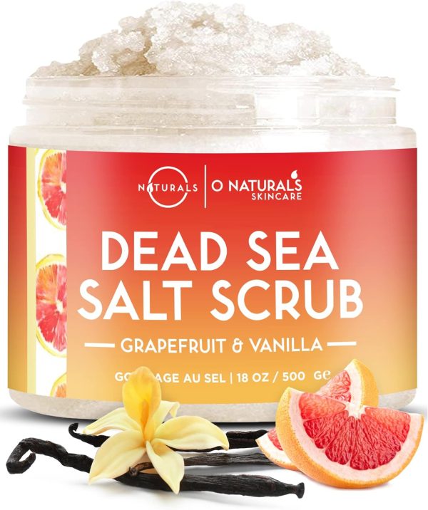 O Naturals Exfoliating Dead Sea Salt Grapefruit Essential Oil Face Body & Foot Scrub. w/Vanilla &. Hydrating Exfoliate Dead Skin, Men & Women Scrub 18oz