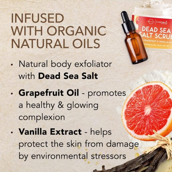 O Naturals Exfoliating Dead Sea Salt Grapefruit Essential Oil Face Body & Foot Scrub. w/Vanilla &. Hydrating Exfoliate Dead Skin, Men & Women Scrub 18oz - Image 3
